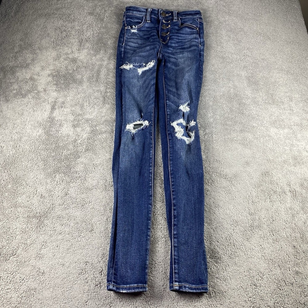 American Eagle Stretch Mid Rise Jegging Womens 00 R Blue Button Fly Distressed